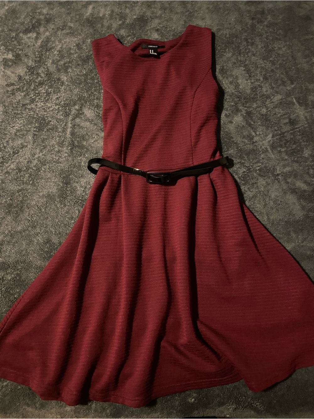 Forever 21 Burgundy Fit-and-Flare Dress with Slim Black Belt